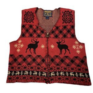 Woolrich Sweater Vest Womens Medium Red Ramie Blend Snowflake Reindeer Full Zip‎